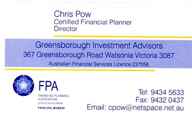 Business card, Watsonia Physiotherapy, Greensborough Investment Advisors 2018, 2018