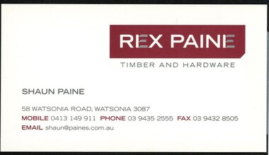 Business card, Rex Paine Timber and Hardware 2018, 2018_
