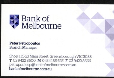 Business card, Bank of Melbourne Greensborough Branch 2017, 201_