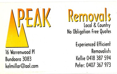 Business card, Peak Removals, Bundoora 2018, 2018_