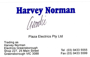 Business card, Harvey Norman, Greensborough 2016, 2016_