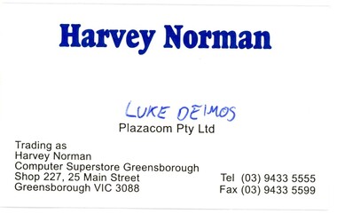 Business card, Harvey Norman, Greensborough 2016, 2016_