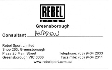 Business card, Rebel Sport, Greensborough 2016, 2016_