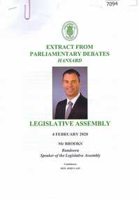 Pamphlet, Colin Brooks, Condolences, Hon. John Cain: Extract from Parliamentary Debates, Hansard, Legislative Assembly, Parliament of Victoria:, 04/02/2020
