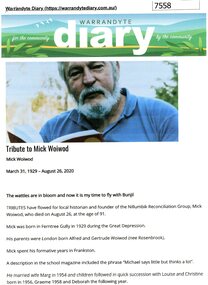 Article - Article, Internet, Warrandyte Diary, Tribute to Mick Woiwod: Warrandyte Diary, 2020, 2020_08