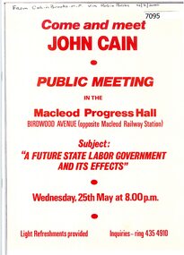 Booklet - Collection of articles, Parliament of Victoria, Come and meet John Cain: public meeting, 2020