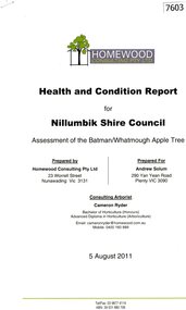 Document - Report, Homewood Consulting Pty Ltd, Assessment of the Batman / Whatmough Apple Tree, 2011, 05/08/2011