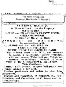 Newspaper - Newspaper Clipping (copy), The Argus, Sale: Wattle Bend ... on Plenty River 1925, 14/03/1925