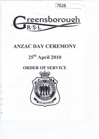 Programme - Program, Greensborough RSL, Anzac Day ceremony, 25th April 2010: Order of Service