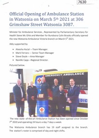 Document - Article, Rosie Bray, Official opening of ambulance station in Watsonia on March 5th 2021, 07/03/2021