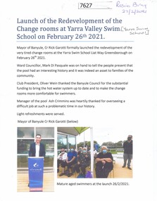 Document - Article, Rosie Bray, Launch of the redevelopment of the change rooms at Yarra Valley Swim School, 26/02/2021