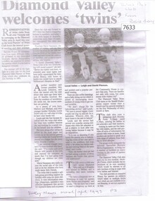 Article - Newspaper Clipping (copy), Diamond Valley News, Diamond Valley welcomes 'twins', 1993