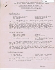 Pamphlet - Recipe Book, State Electricity Commission of Victoria, Tested recipes for March 1958, Vegetable dishes, 1958