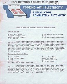 Pamphlet - Recipe Book, State Electricity Commission of Victoria, Recipes used in electric cooking demonstration c1960, 1960