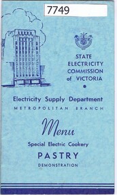 Booklet - Recipe Book, State Electricity Commission of Victoria, Special electric cookery: Pastry: issued by the State Electricity Commission of Victoria. 1960s, 1960s