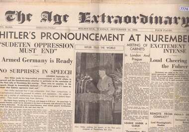 Newspaper, Sun News Pictorial, The Age Extraordinary edition 13/09/1938, 13/09/1938