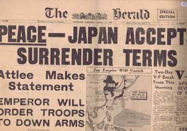 Newspaper, The Herald. Special edition, "Peace - Japan accepts surrender terms" 15/08/1945, 15/08/1945