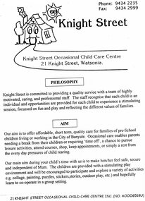 Pamphlet, Knight Street Occasional Child Care Centre Inc, Knight Street, 2006