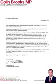 Letter - Correspondence - Letter, Colin Brooks MP, [Letter of support], 13/12/2019