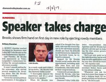 Article - Newspaper Clipping, Diamond Valley Leader, Speaker takes charge, 15/03/2017
