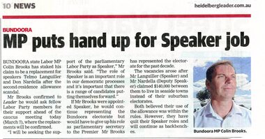 Article - Newspaper Clipping, Heidelberg Leader, MP puts hand up for Speaker job, 07/03/2017