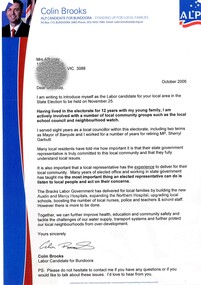Letter - Correspondence - Letter, Colin Brooks, [Election campaign material]