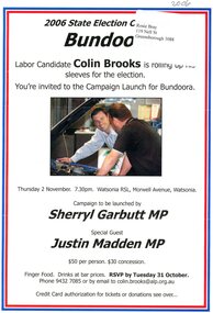 Document - Advertising leaflet, Bundoora ALP SECC, 2006 State Election Campaign Bundoora: Campaign launch invitation, 31/10/2006