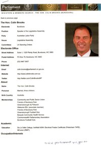 Document, Parliament of Victoria, Ministers & Members search - the Hon. Colin Brooks (Bundoora), 23/04/2021