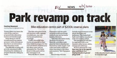 Article - Newspaper Clipping, Courtney Beaumont, Park revamp on track, 04/03/2020