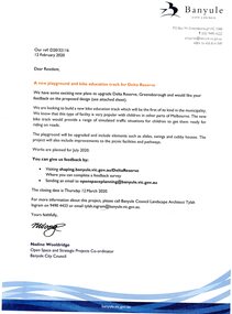Letter, Banyule City Council, A new playground and bike education track for Delta Reserve, 17/02/2020