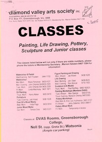 Flyer - Leaflet, Diamond Valley Arts Society, Diamond Valley Arts Society: Subscription form, Classes and Entry form  for Artists on Parade, 2005c