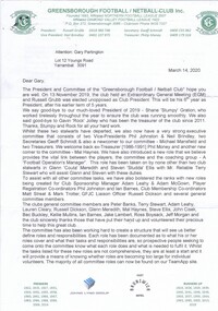 Letter, Greensborough Football Club, Greensborough Football / Netball Club, 14/03/2020