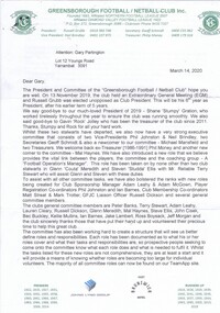 Letter, Greensborough Football Club, Greensborough Football / Netball Club, 14/03/2020