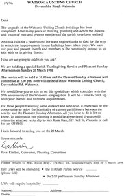 Letter, Watsonia Uniting Church, 02/1994
