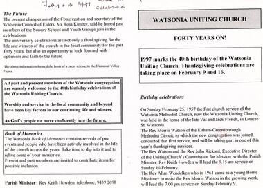 Document - Leaflet, Watsonia Uniting Church, Forty years on! Watsonia Uniting Church, 09/02/1997