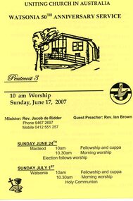 Pamphlet - Newsletter, Uniting Church of Australia, Watsonia 50th anniversary service, 17/06/2007