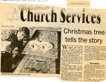 Article - Newspaper Clipping, Diamond Valley News, Christmas church services: Christmas tree tells the story, 14/12/1993