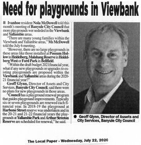 Article - Newspaper Clipping, Need for playgrounds in Viewbank, 22/07/2020