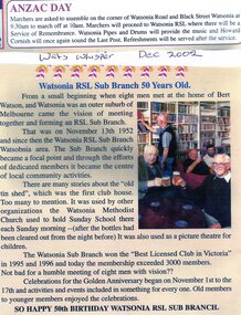 Article - Newspaper Clipping, Anzac Day 2003; and, Watsonia RSL Sub Branch is 50 years old, 2003