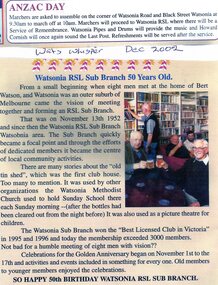 Article - Newspaper Clipping, Anzac Day 2003; and, Watsonia RSL Sub Branch is 50 years old