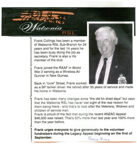 Article - Newspaper Clipping, Watsonia RSL: Frank Collings, 2002