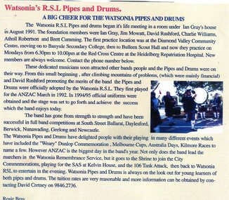 Article - Newspaper Clipping, Watsonia's R.S.L. Pipes & Drums, 2003
