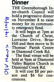 Article - Newspaper Clipping, Greensborough Inter Church Council, Dinner [Greensborough Interchurch Council], 14/10/1991