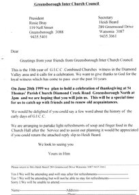 Flyer - Invitation, Greensborough Inter Church Council, Greensborough Interchurch Council. Invitation to 10th anniversary celebration, 20/06/1999