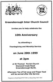 Flyer - Invitation, Greensborough Inter Church Council, Greensborough Interchurch Council. Invitation to 10th anniversary celebration, 20/06/1999