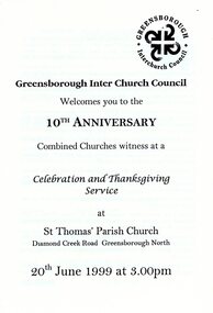 Booklet - Order of Service, Greensborough Interchurch Council. 10th anniversary celebration order of service, 20/06/1999