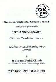 Booklet - Order of Service, Greensborough Inter Church Council, Greensborough Interchurch Council. 10th anniversary celebration order of service, 20/06/1999