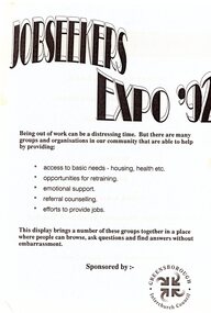 Flyer - Leaflet, Greensborough Inter Church Council, Greensborough Interchurch Council. Jobseekers Expo '92, 1992