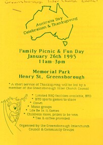 Flyer - Article and Leaflet, Greensborough Inter Church Council, Greensborough Interchurch Council. Family picnic and fun day 26/01/1995, 26/01/1995