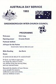 Programme - Leaflet, Greensborough Inter Church Council, Greensborough Interchurch Council. Australia Day Service 1993, 1993